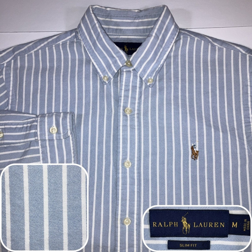 Polo Ralph Lauren Slim Fit Oxford Shirt Mens M Blue White Stripe OCBD